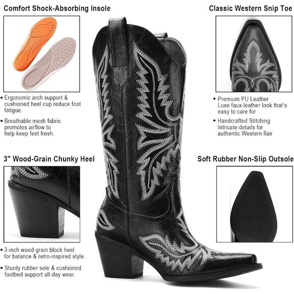 Boots for Women Western Mid-Calf Cowgirl Style Chunky Heel Embroidered Pattern - Picture 2 of 7